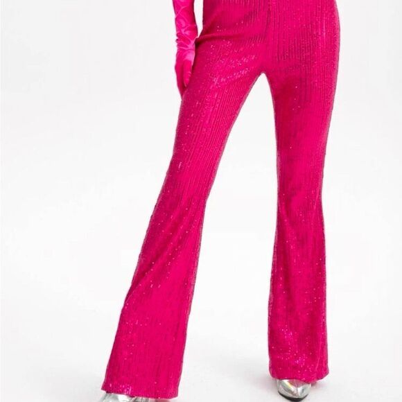 Deep Hot PINK Sequin Embellished Bell Bottom Flare Pants - Picture 1 of 8